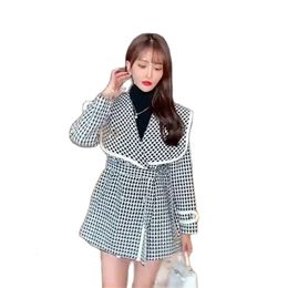 Women's Wool Blends Women's Houndstooth Thick Ol Jacket Suit Belt Thick Outerwear Warm Winter Blazer Woollen Coat Elegant Double Breasted Autumn 231031