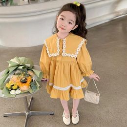 Girl Dresses Korean Children Dress 2023 Spring Casual Yellow Long Sleeve Flower Turn Down Collar Kids Party For 2-7 Years