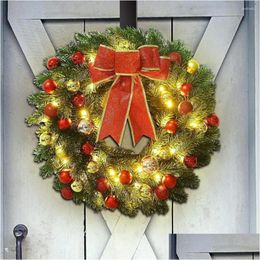 Decorative Flowers Wreaths Decorative Flowers 30/40Cm Christmas Wreath Led Year Door With Pine Cones Berry Spruce Red Ribbon Bow Gar Dhjw8