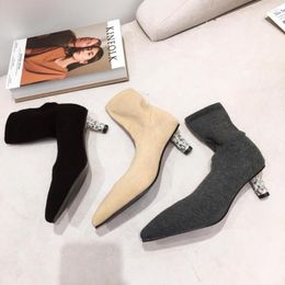 Boots 2023 Women Sock Elastic Botas Pointed Toe Rhinestone Mid Heels Stretch Slip On Autumn Winter Black Grey