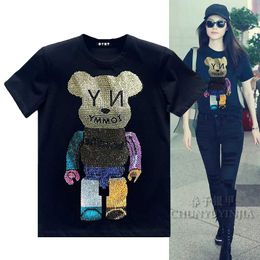 Chun yu yin jia Designer luxury brand rhinestone Cute funny Bear Pattern Letter Short-Sleeved tshirt women Black White tee mercerized cotton Plussize 3xl 4xl 5xl