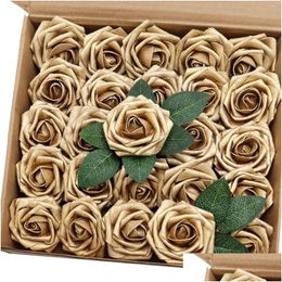 Decorative Flowers Wreaths Decorative Flowers Mefier Home Artificial Flower 25Pcs Real Looking Gold Fake Roses With Stem For Christm Dhqyn