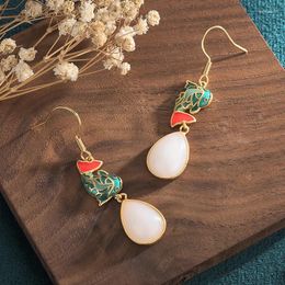 Dangle Earrings White Jade Carp Gifts Women Stone Gift Real Jewellery Jadeite Amulets 925 Silver Natural Designer Talismans Amulet