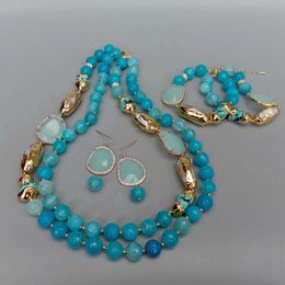 Wedding Jewelry Sets 2 Rows Blue Faceted Agate Turquoise Cultured White Biwa Pearl Crystal Necklace Bracelet Earrings Set 231101