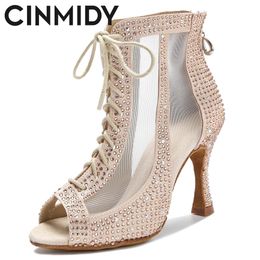 Dance Shoes Rhinestone Latin Dance Boots Tango Pole Dance Shoes For Women Sexy Belly Dance Shoes Professional Ballroom Mesh High Heels 231101