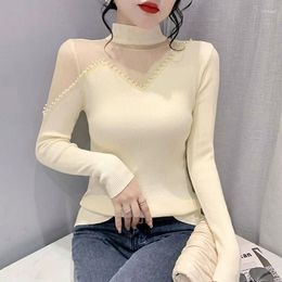 Women's Sweaters Knitted Bottoming Shirt Beading Long-sleeved Autumn Winter Slim Pullover Girls Patched Irregular Mesh Jumper