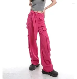 Women's Jeans Cargo For Women High Street Harajuku Korean Fashion Rose Red Multi-Pockets Denim Pants Vintage Streetwear Wide Leg Trouser