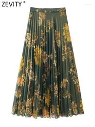 Skirts ZEVITY Women Fashion Floral Print Casual Slim Pleated Skirt Vintage High Waist Side Zipper Female Midi Mujer QUN5434