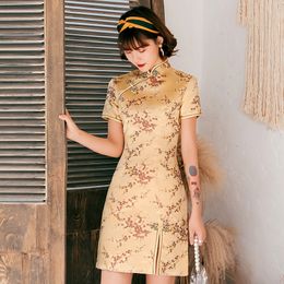 Casual Dresses Female Qipao Mandarin Collar Short Cheongsam Vestidso Elegant Chinese Dress Gold Flower Novelty Satin Evening Party Gown 230331