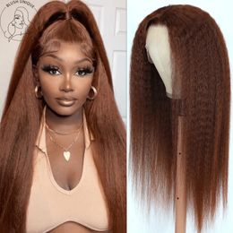 Kinky Straight Lace Front Wig 13x4 Synthetic Lace Frontal Wigs For Women Reddish Brown Copper Red Heat Resistant With Baby Hairf