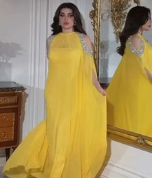 Yellow Women Evening Formal Dress Beaded Long Sleeves O-Neck A-line Birthday Party Gown Prom Dresses 2024 Arabic Robe De Soiree Vestidos De Fieast