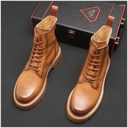 Boots England Style Men Fashion Motorcycle Black Brown Shoes Cowboy Original Leather Boot Handsome Platform Short Botas Zapatos