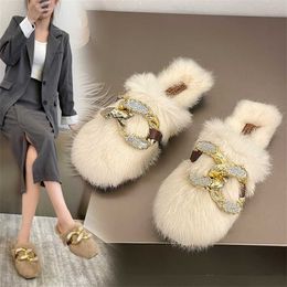 Women Fur Shoes Autumn and Winter New Outwear Plush Wrapped Half Slippers Fashion Big Chain Buckle Rabbit Hair Cotton Slippers 231007