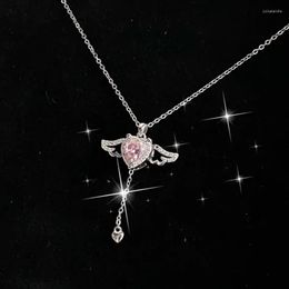 Pendant Necklaces Cupid Heart Necklace For Women Pink Zircon Romantic Aesthetics Choker Fairy Coquette Accessories Valentine's Day Gift