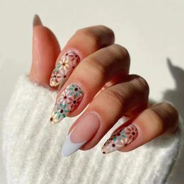 False Nails Summer Colorful Flowers White French Waterdrop Shape Fake Detachable Glossy Press On With Glue Set