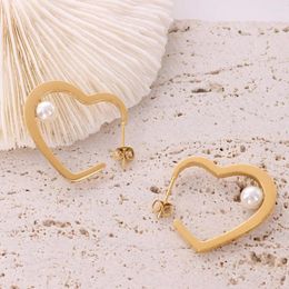 Stud Earrings Dainty Stainless Steel PVD Gold Plated Water Resistant Heart Shape Imitation Pearl For Women Lover Gift