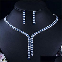 Earrings & Necklace Luxury Wedding African Designer Jewellery Set For Woman Party Tennis Necklace Earring Red Blue White Aaa Cubic Zirco Dhize