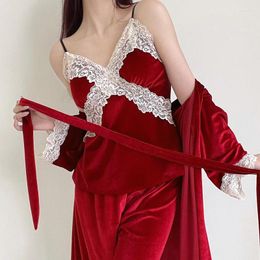 Women's Sleepwear 2023 Autumn Velvet 3PCS Robe Pyjamas Set Sexy Lace Trim Bathrobe Gown Nightwear Loose Velour Homewer Lounge Wear