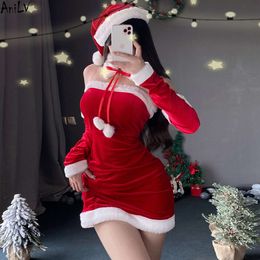 Ani Christmas Hat Red Dress Unifrom Women Santa Claus Outfits Set Costumes Cosplay cosplay