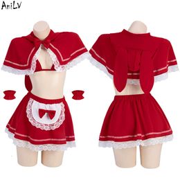 Ani Fairy Tales Little Red Riding Hood Unifrom Women Lace Hooded Shawl Outfits Costumes Cosplay Pleated Skirt