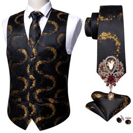 Men's Vests Black 5PCS Designer Mens Wedding Suit Gold Floral Jacquard Folral Silk Waistcoat Tie Brooches Set Barry.Wang Groom 230331