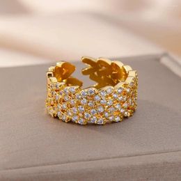 Cluster Rings Zircon Crossed Leaf For Women Fashion Opening Stainless Steel Ring 2023 Trend Wedding Aesthetic Jewerly Anillos Mujer