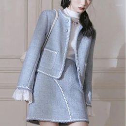 Two Piece Dress Women's Winter Skirt Suit Fashion Sweet Celebrity High Quality Round Neck Short Tweed Blazer Jacket Mini 2pcs Matching Set