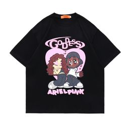 Hip Hop Men's T-shirts Cartoon Couple Print Streetwear O-Neck Fashion College Style Cotton Cosy Oversized Tops Tees Summer