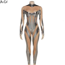 Ani Women Game Movie Tight Jumpsuit Alien Robot Mesh Hollow Sier Strip Bodysuit Cosplay Costumes cosplay