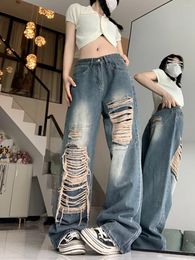 Women's Jeans Vintage Distressed Ripped Blue For Women High Waist Patch Loose Mop Trousers Streetwear Clothing Y2k Pants