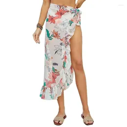 Skirts Women Floral Print Chiffon Long Skirt Summer Stylish Midi Split One-Piece Lace-up Wrap Holiday Beach Sexy