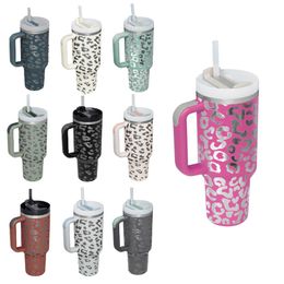 40 Oz Tumbler with Handle Leopard Print Car Mug with Straw Outdoor Sports Travel Cup Stainless Steel Thermos Customizable Gifts Vacuum Flasks Bottle