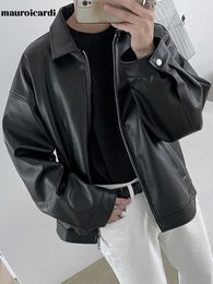 Men's Leather Faux Leather Mauroicardi Spring Autumn Cool Luxury Short Black Soft Light Pu Leather Jacket Men Zipper Casual Mens Jackets and Coats Fashion 231031