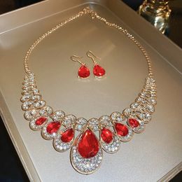 Wedding Jewelry Sets Luxury Necklace Earrings For Women Red Water Drop Crystal Weddings Banquet 231101