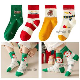 Kids Christmas Socks 1-12 Years Children Cartoon Designer Cotton Sock Lovely Santa Claus Snowman Happy Baby stockings 4 Pairs/Dozen