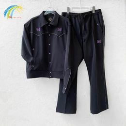 Men s Jackets Casual Fashion Black AWGE NEEDLES Jacket Men Women Purple Stripe Butterfly Embroidery Button Coat High Street Track Outerwear 231101