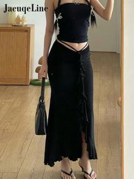 Skirts Y2K Clothes Lace Up Elegant Bodycon Maxi Skirt 2023 Summer Street Chic Ruffles Slim Long Low Waist Sexy Black