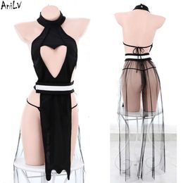 Ani Women Sexy Chest Love Hollow Out Dress Erotic Lingerie Pamas Uniform Costumes Female Ninja Black Nightdress Outfit Set cosplay