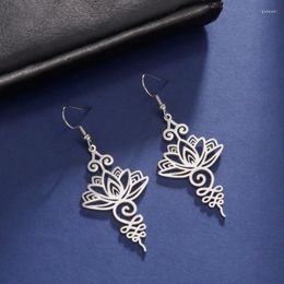 Dangle Earrings Exquisite Vintage Stainless Steel Hollow Out Lotus Flower Drop Pendant Punk For Women Unique Buddhism Jewellery