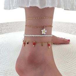 Anklets Bohemian Multilayer Beaded Daisy Anklet For Women Cute Mushroom Tassel Heart Spring Feet Chain Accessories Fashion Jewelry Sets