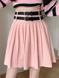 Skirts QOERLIN With Double Belt Knitted Pleated Mini High Waist Loose Casual A-Line Pink Short Saias Mujer Korean Fashion