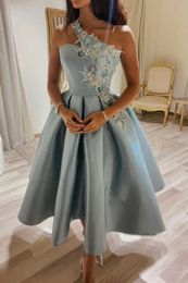 One Shoulder Satin Short Homecoming Dresses Floral Appliques Evening Party Gowns Tea Length 8th Grade Graduation Cocktail Prom Dress Sweet 16