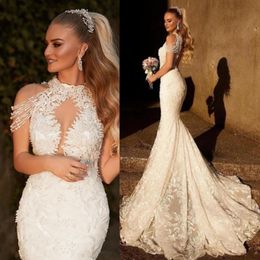 High-Neck Appliques Wedding Dresses Split Mermaid Party Gow Sleeveless With Bow Swoop Train Party Dress Robe De Mariee