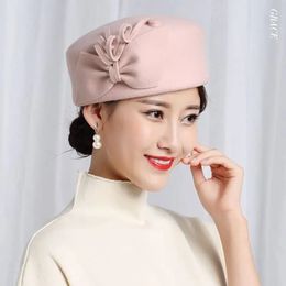 Berets 100% Wool Felt Berets Women Party Flower Formal Fedora Hat Banquet Grace Woollen Pillbox Cap Beautiful Fascinator 231031