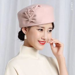 Berets 100% Wool Felt Berets Women Party Flower Formal Fedora Hat Banquet Grace Woolen Pillbox Cap Beautiful Fascinator 231031