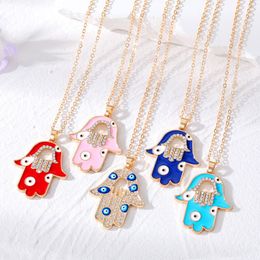 Hollow Retro Evil Eye Hamsa Hand Necklace For Women Enamel Zircon Boho Ethnic Turkey Blue Eye Fatima Hand Sweater Chians Jewelry