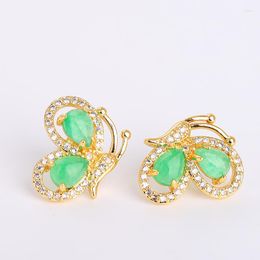 Dangle Earrings Koraba 14k Yellow Gold Genuine Created Green Jade Gemstone Butterfly Stud For Women