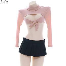 Ani Women Office Lady High Neck Knit Long Sleeve Pamas Unifrom Costume Anime Lolita Girl Pink Hot Lingerie Cosplay cosplay