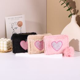 New 13cm Plush Coin Purse Love Embroidered Zipper Wallet Short Handbag for Women Purses for Women