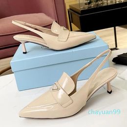 for women 5.5CM high heels leather pointed shoe elastic ankle straps back empty party sandals triangle buckle decoration Designer Shoes